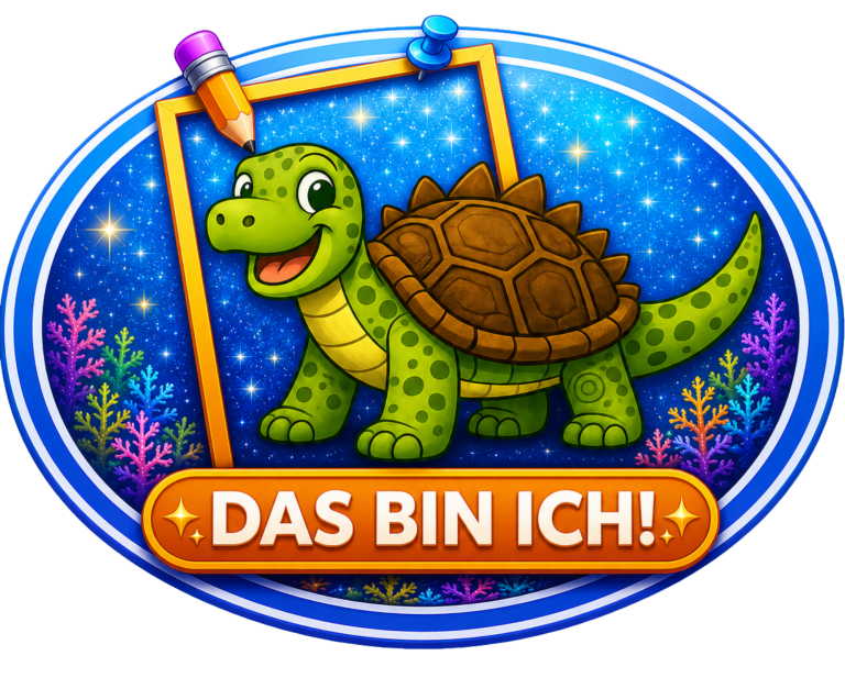Ein freundlicher, grüner Schildkröte mit einem bunten Hintergrund und der Aufschrift "DAS BIN ICH!"