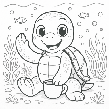 Ein fröhlicher kleiner Wasserturtle mit einer Tasse sitzt im Meer und winkt.