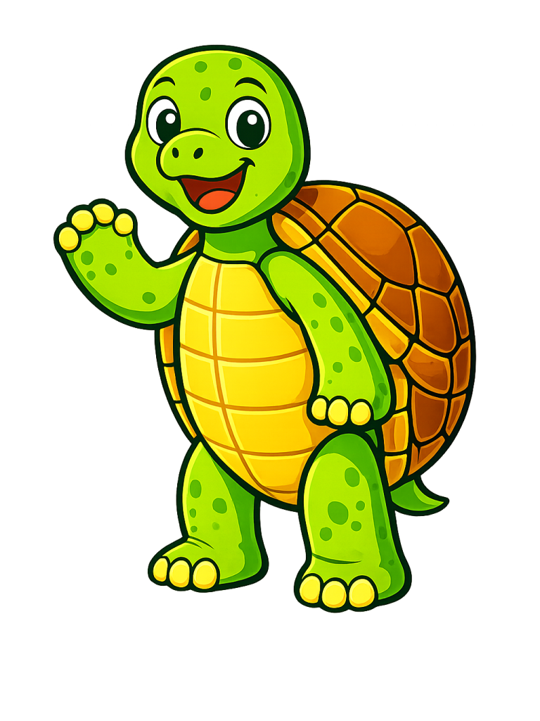 Eine niedliche, lächelnde Schildkröte mit einem gestreiften Panzer winkt.