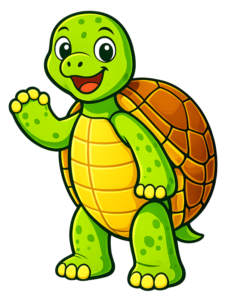 Süße cartoonhafte Schildkröte mit Welle und fröhlichem Gesichtsausdruck.