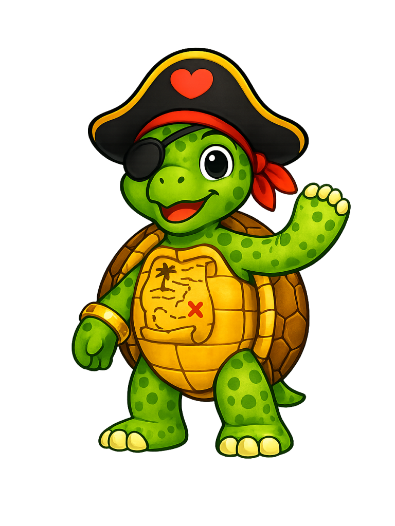 Eine grüne Piratenschildkröte mit Augenklappe, Hut und Schatzkarte.
