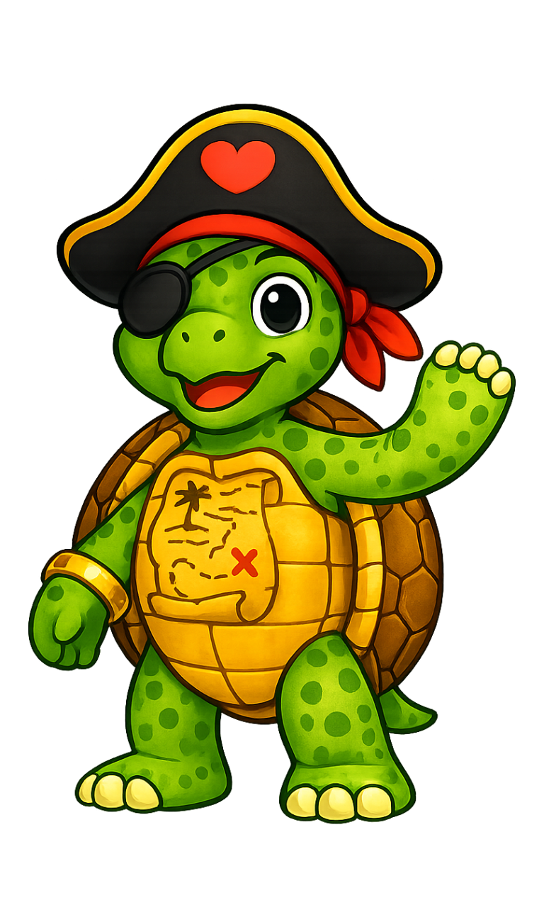Ein freundlicher, piratengeschmückter Schildkröte mit Augenklappe und rotem Bandana.