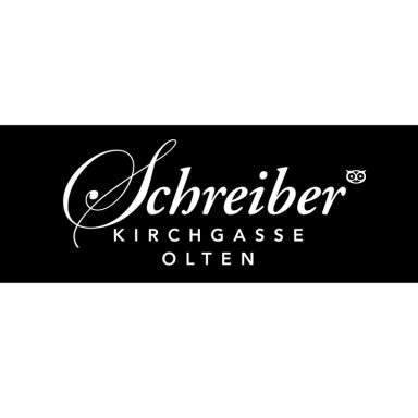 Schreiber Kirchgasse Olten- Logo in elegant Schrift auf schwarzem Hintergrund.