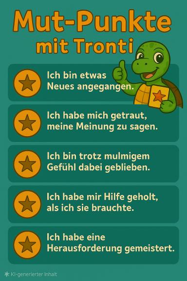 Grüne Liste mit Mut-Punkten und einem freundlichen Schildkrötenmaskottchen.