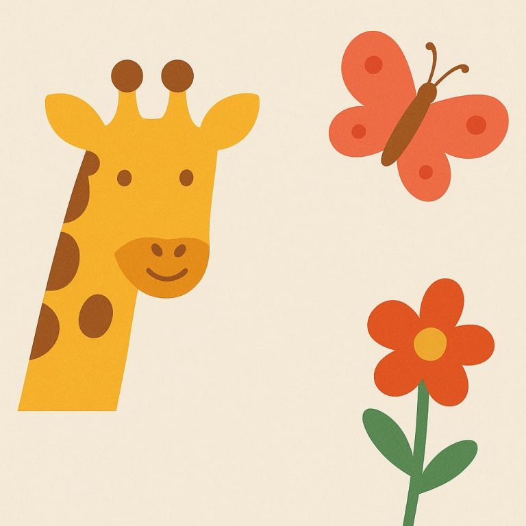 Giraffe mit Blume und Schmetterling Ein lächelndes Giraffenhaupt neben einem Schmetterling und einer blühenden Blume.