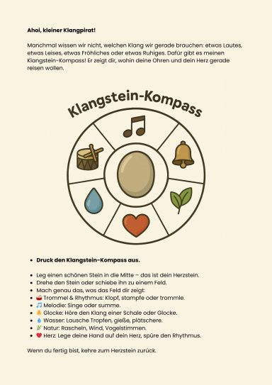 Klangstein-Kompass mit Symbolen für Emotionen und Musikrichtungen auf einem runden Diagramm.