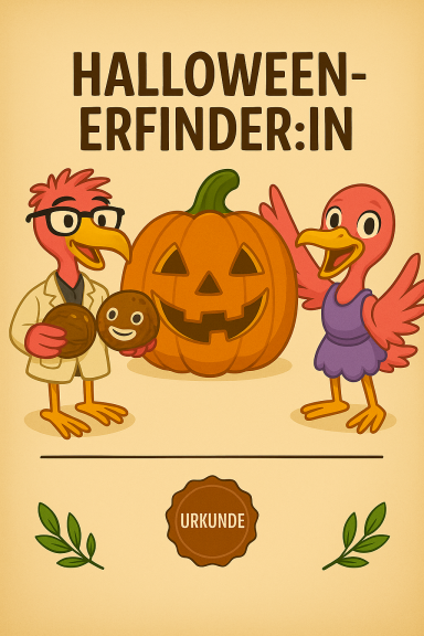 Zwei cartoonhafte Vögel in Halloween-Kostümen neben einem geschnitzten Kürbis.