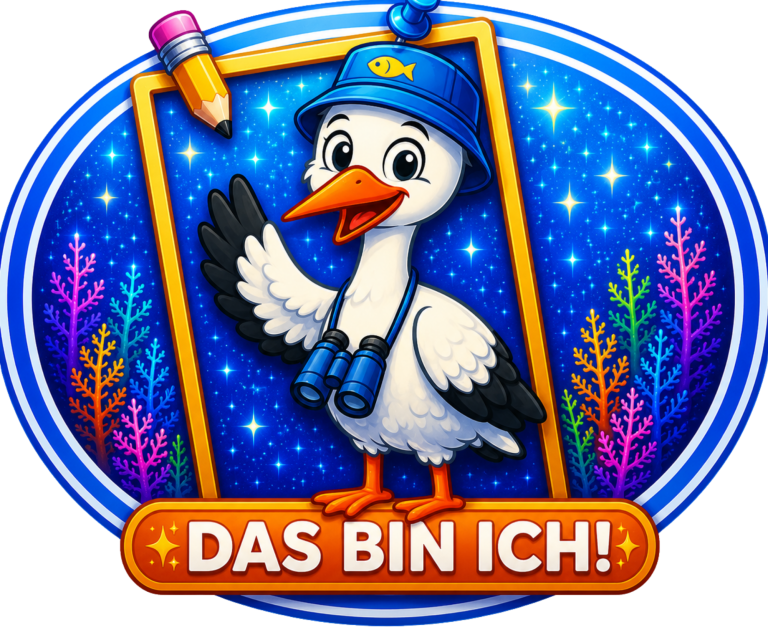 Ein fröhlicher Storch mit Fernglas, in farbenfrohem, fantasievollem Design.
