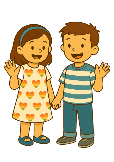 Kira & Nico Zwei fröhliche Kinder, ein Junge und ein Mädchen, halten Händchen und winken.