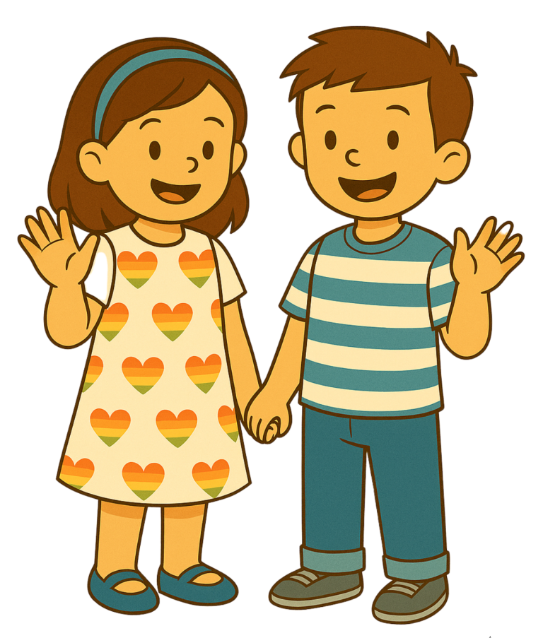 Zwei fröhliche Kinder halten Händchen und winken, eines im Kleid mit Herzmuster.
