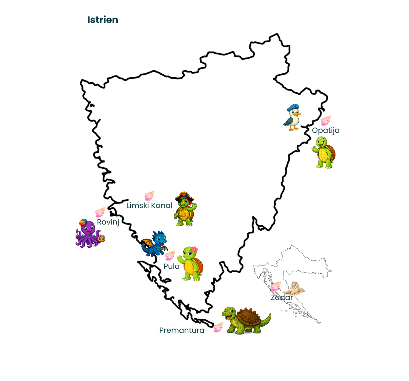 Landkarte von Istalien mit bunten, cartoonhaften Tieren an verschiedenen Orten.