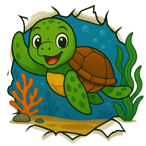 Fini Flosse mit Entdeckerrucksack und Briefumschlag in der Flosse