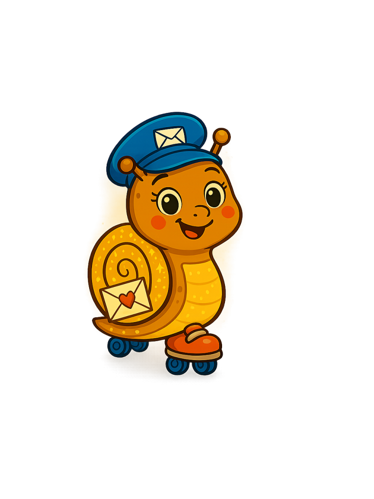 Eine fröhliche Schnecke in Uniform mit einer Posttasche und Rollschuhen.