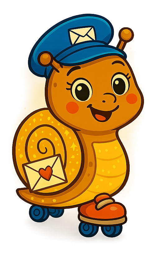 Eine fröhliche Schnecke in Uniform mit einer Posttasche und Rollschuhen.