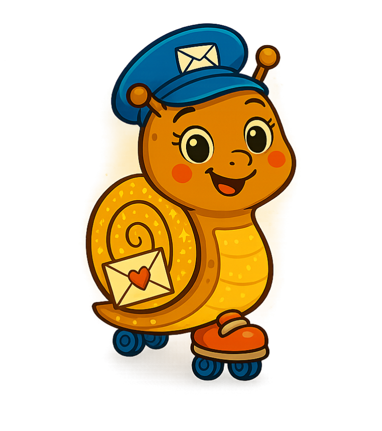 Pia Post Eine fröhliche Schnecke in Uniform mit einer Posttasche und Rollschuhen.