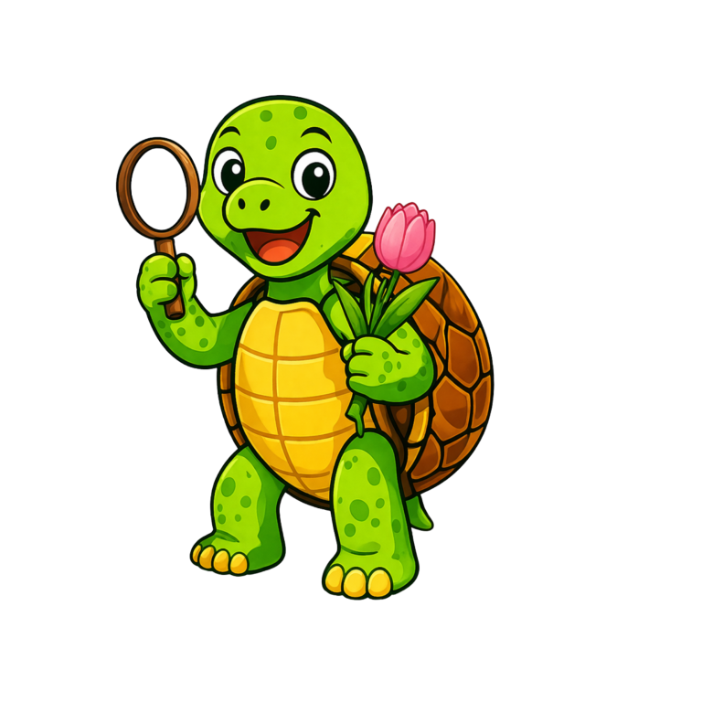 Eine fröhliche Schildkröte hält eine Blume und eine Lupe in der Hand.