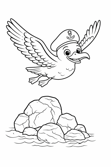 Kapitän Möwe fliegt über Felsen Ein fliegender Vogel mit Kapitänsmütze über einem Felsen im Wasser.