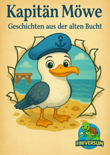 Ein Seemöwe in Matrosenkappe vor einem Strandhintergrund; Titel: "Kapitän Möwe".