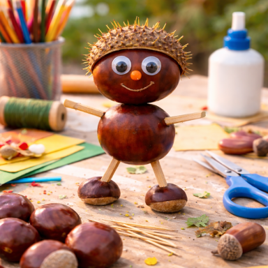 Ein lustiger Kastanienmann mit Wackelaugen steht auf einem Tisch, umgeben von Bastelmaterialien.