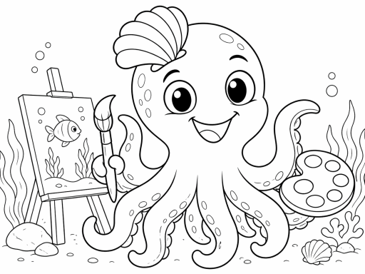 Ein fröhlicher Oktopus malt am Meer mit Pinsel und Farbpalette.