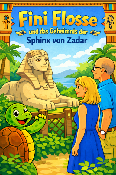 Buchcover mit Fini Flosse, einer Schildkröte und einem Pärchen vor der Sphinx von Zadar.