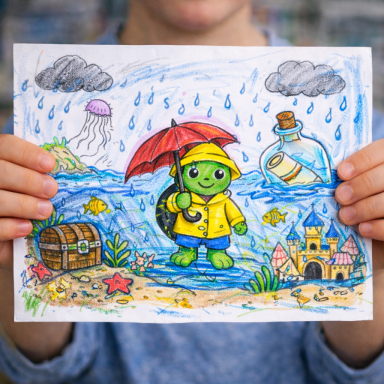 Eine bunte Zeichnung eines Schildkrötenkindes mit Regenschirm am Strand.