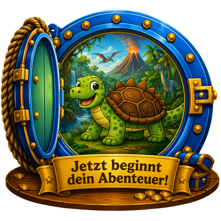 Schildkröte vor einer Öffnung in einer bunten Landschaft mit Vulkan. Text: "Jetzt beginnt dein Abenteuer!"