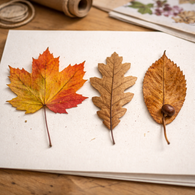 Drei getrocknete Blätter in verschiedenen Farben auf einem weißen Hintergrund.