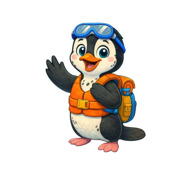 Pinguin mit Schwimmbrille und Rucksack, winkt freundlich.
