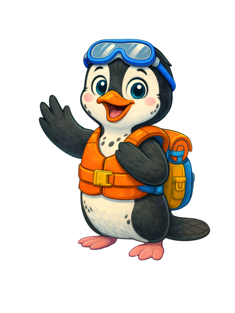 Ein fröhlicher Pinguin mit Sonnenbrille und Rucksack in Schwimmweste.