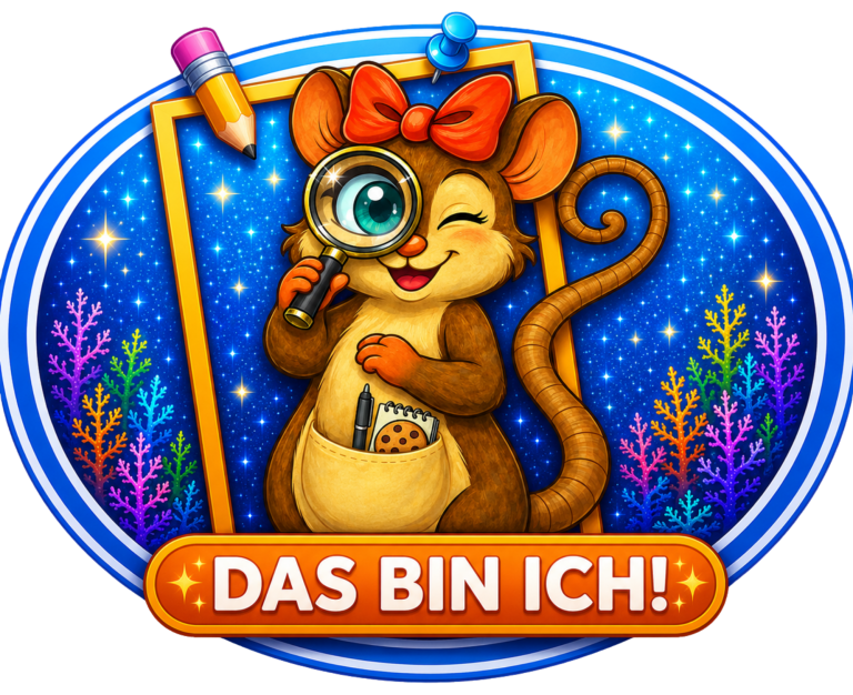 Eine freundliche Maus mit Lupe, die einen Keks hält, vor einem bunten Hintergrund.