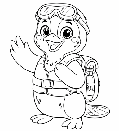 Ein fröhlicher, gezeichneter Vogel in Schwimmweste und Sonnenbrille, winkend.