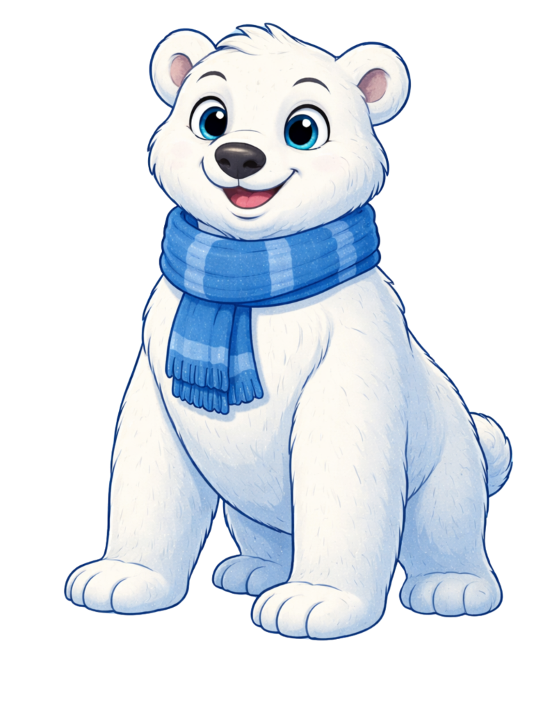 Ein fröhlicher, cartoonartiger Eisbär mit blauer Schall und einem süßen Lächeln.