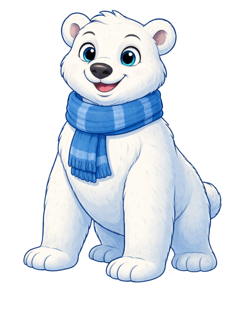 Ein niedlicher, weißer Eisbär mit blauer Schal und freundlichem Gesichtsausdruck.