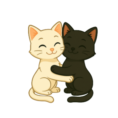 Zwei glückliche Katzen, eine weiße und eine schwarze, umarmen sich.