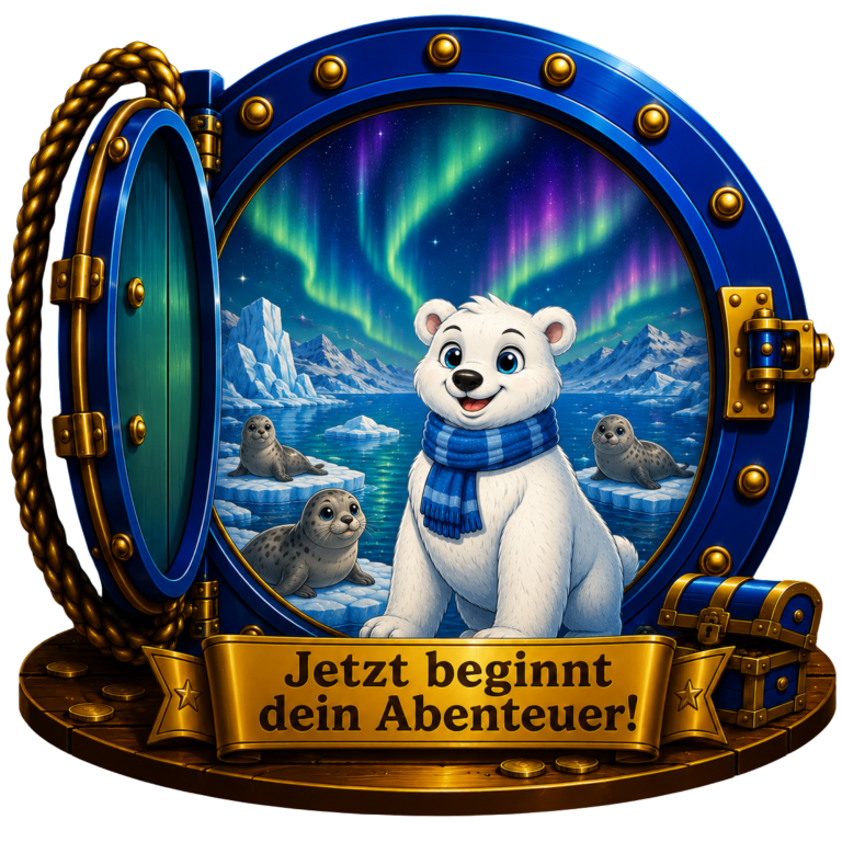 Ein weißer Bär mit einem blauen Schal vor Nordlichtern und Robben. Text: „Jetzt beginnt dein Abenteuer!“