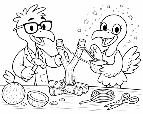 Ein Wissenschaftler und ein Vogel basteln mit verschiedenen Materialien.