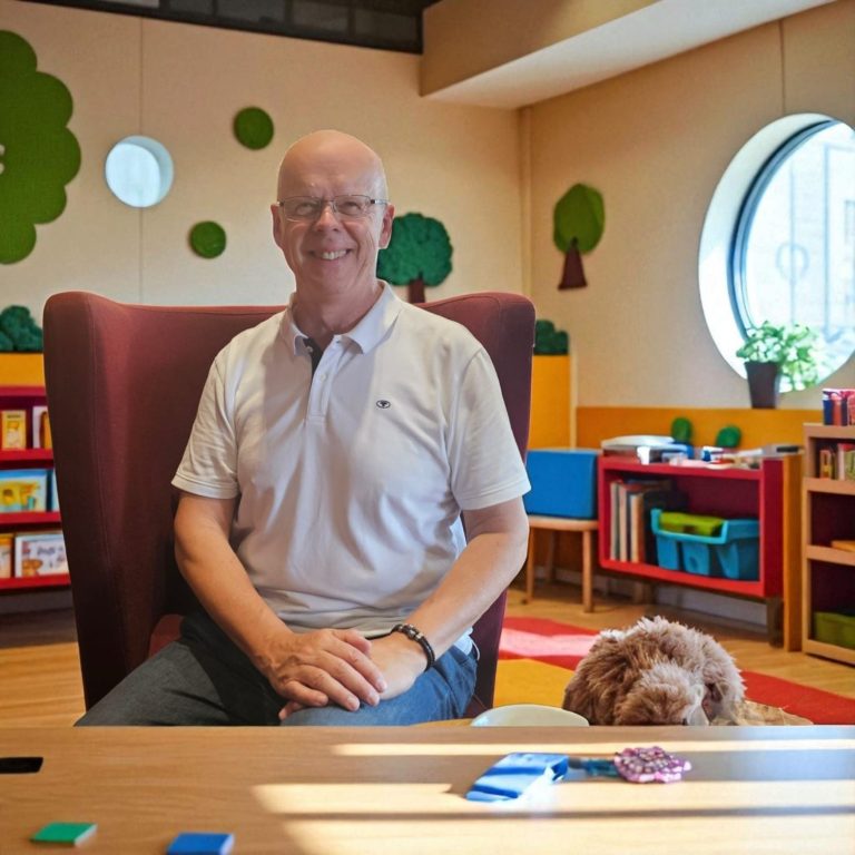 Opa Herbert - ein glücklicher Kinderbuchautor. Opa Herbert sitzt in einem Raum mit einem Hund und bunten Möbeln.