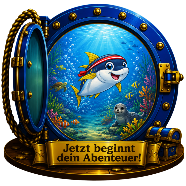 Jetzt beginnt Dein Abenteuer! Bunter Unterwasser-Szene mit einem fröhlichen Fisch und einem Seehund vor einem Bullauge.