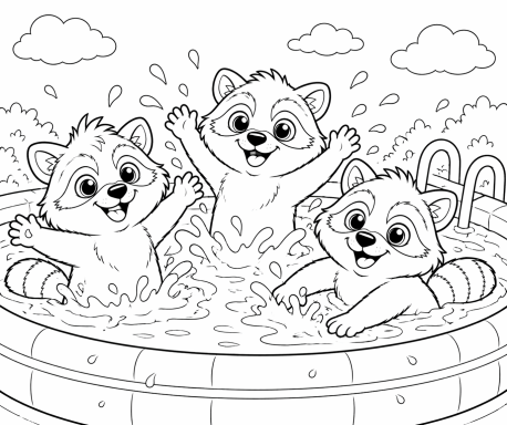 Zottel, Keks & Plumps Drei fröhliche Waschbären planschen im Wasserspielbecken.
