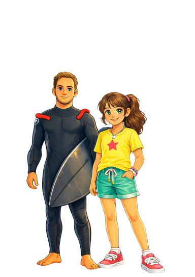 Ein Surfer in einem Anzug steht neben einem Mädchen in einem gelben T-Shirt und Shorts.