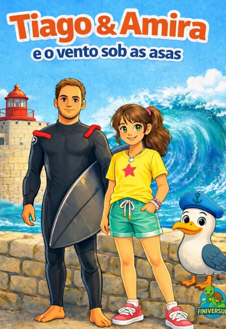 Tiago und Amira stehen am Hafen, neben einer Welle und einem Vogel.