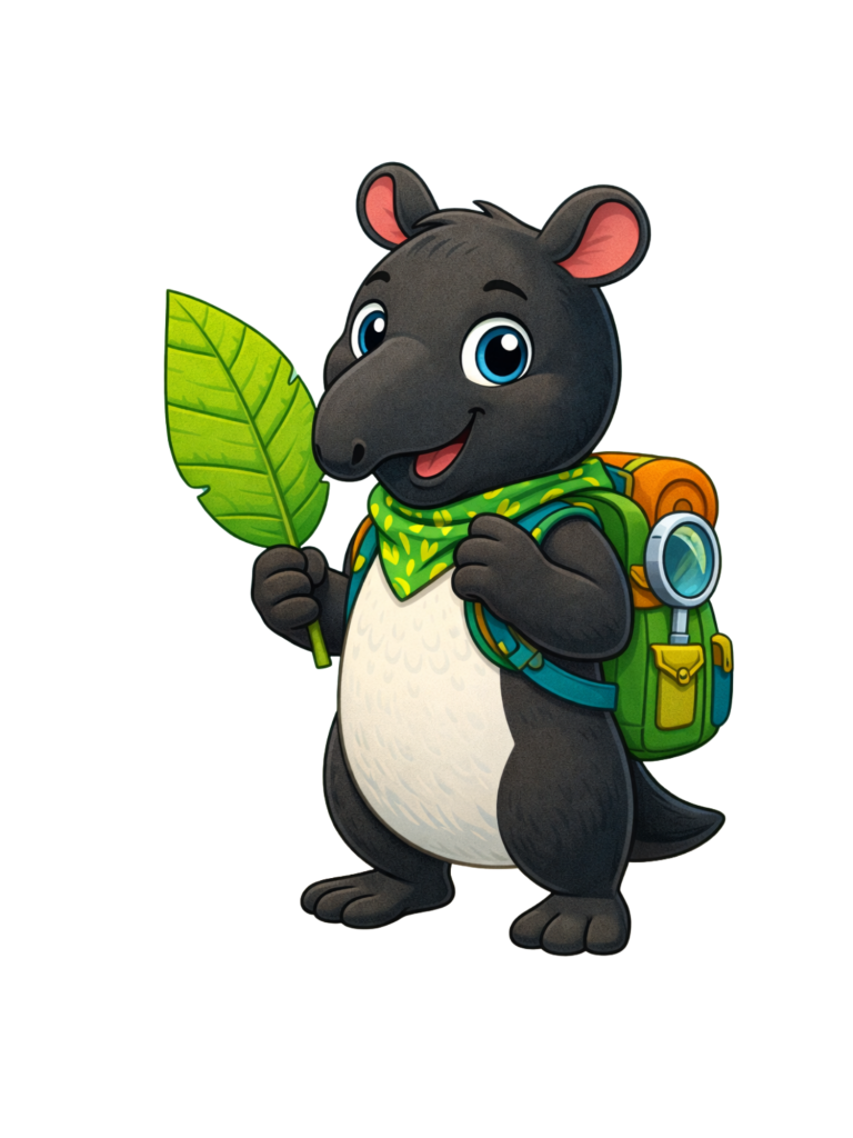 Schwarzes Tier mit Rucksack und Blatt, lächelt freundlich.