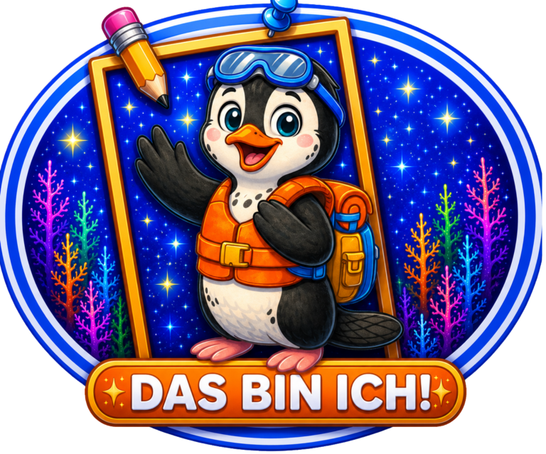 Pinguin mit Sonnenbrille und Rucksack, umgeben von bunten Unterwasserpflanzen.