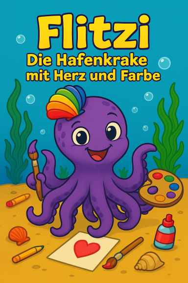 Bunter Oktopus mit Pinsel und Farben, umgeben von Unterwasserrequisiten.