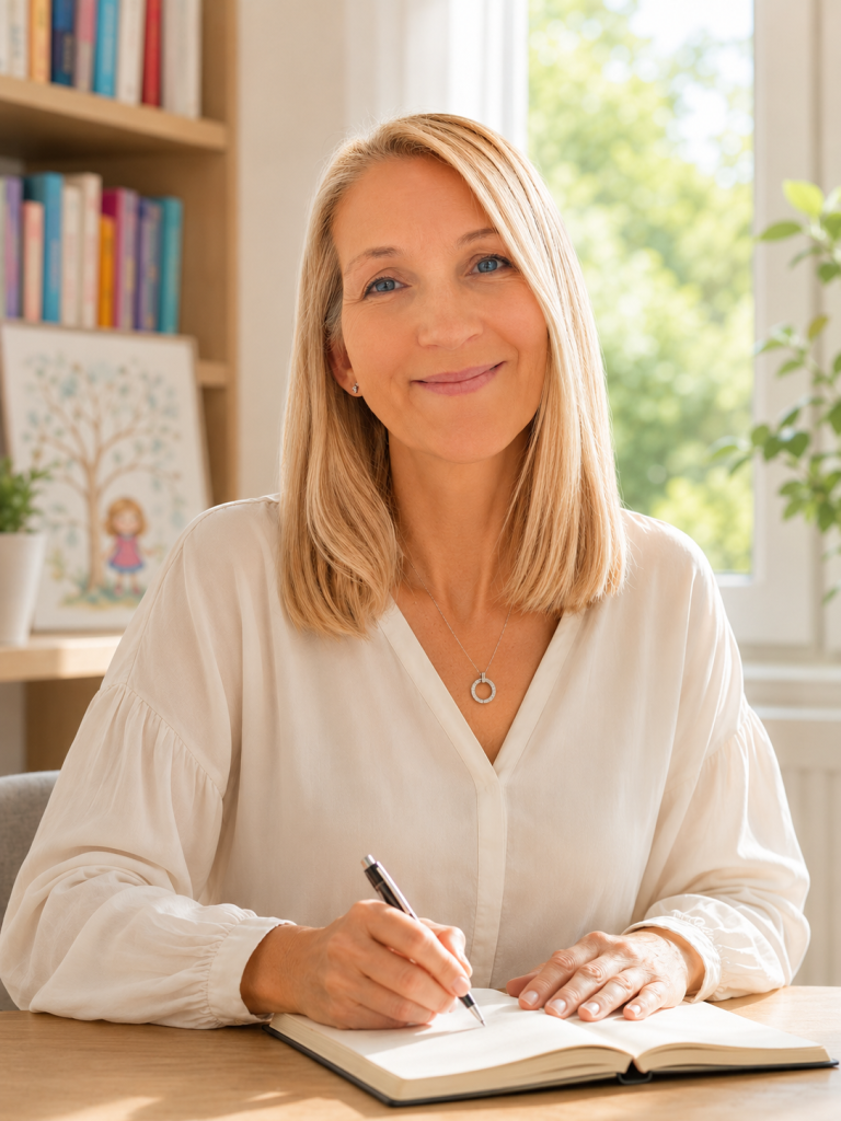 Oma Silvie Blonde Frau mit langen Haaren, die in einem hellen Raum lächelt.