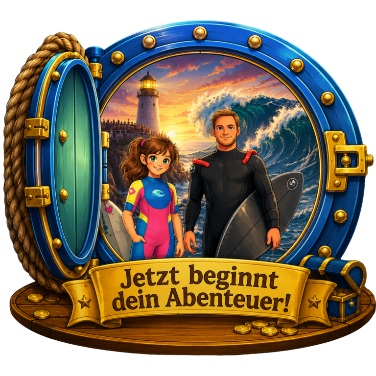 Jetzt beginnt Dein Abenteuer! Zwei Charaktere in einem Unterwasser-Bereich, bereit für ein Abenteuer am Strand.
