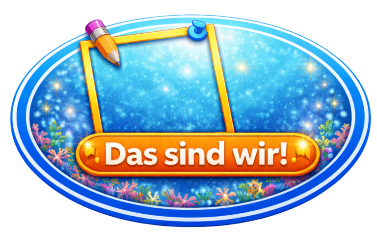 Bunte Grafik mit dem Text "Das sind wir!" und dekorativen Elementen.