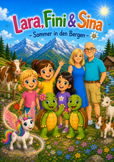 Lara, Fini & Sina - Sommer in den Bergen Lara, Fini, Sina und zwei Schildkröten in den Bergen mit einer Einhorn und Kühen.