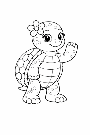 Eine lächelnde Schildkröte mit einem Blumenhaarband winkt freundlich.
